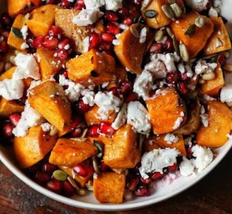 Roasted Jewel Yam with Sage Butter, Pepitas, Pomegranate & Goat Cheese